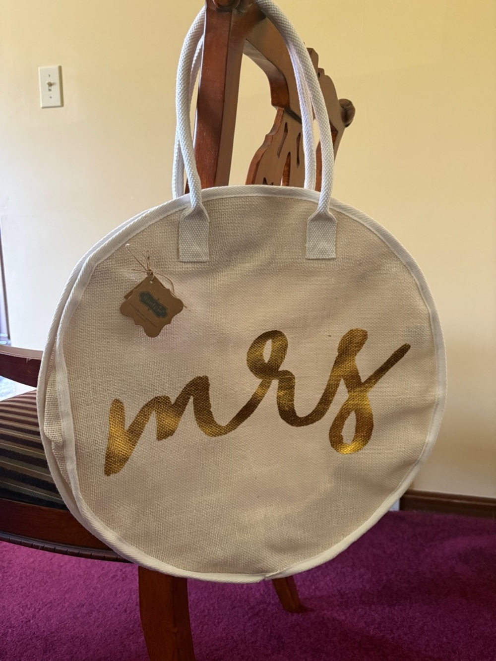 Mud Pie Cream Round Canvas Tote with Gold Snap